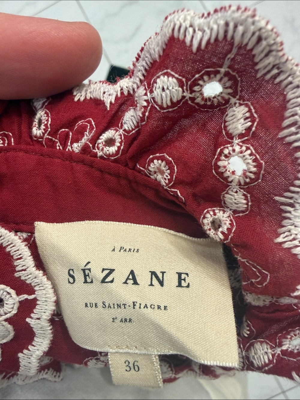 Sezane Red Button-Front Crochet-Pattern Short Sleeve Shirt - Picture 2 of 3